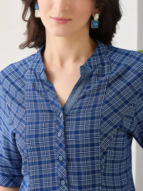 Latin Quarters Women Blue Half Sleeves Mandarin Collar Checkered Casual Top