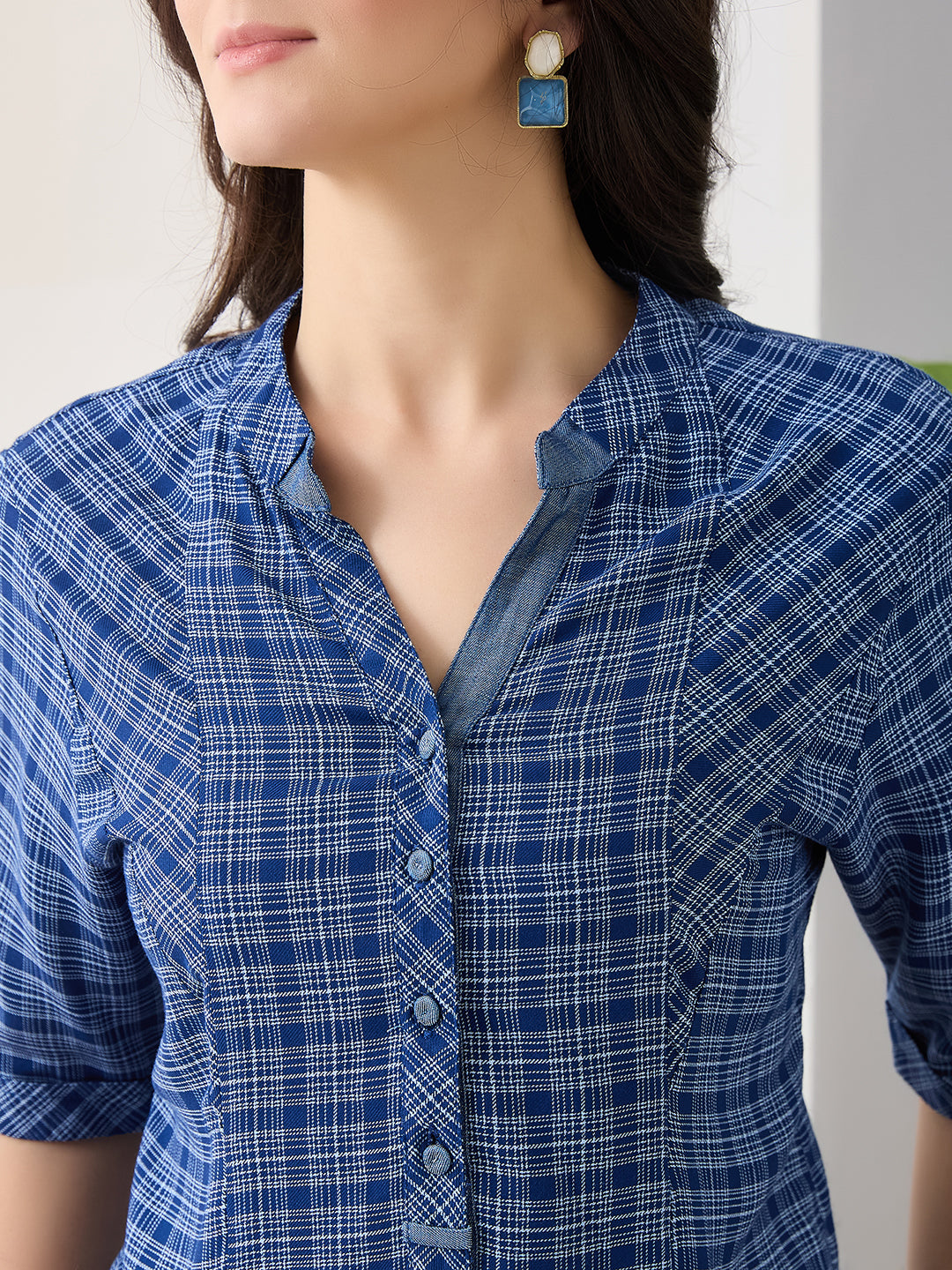 Latin Quarters Women Blue Half Sleeves Mandarin Collar Checkered Casual Top