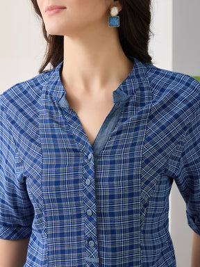 Latin Quarters Women Blue Half Sleeves Mandarin Collar Checkered Casual Top