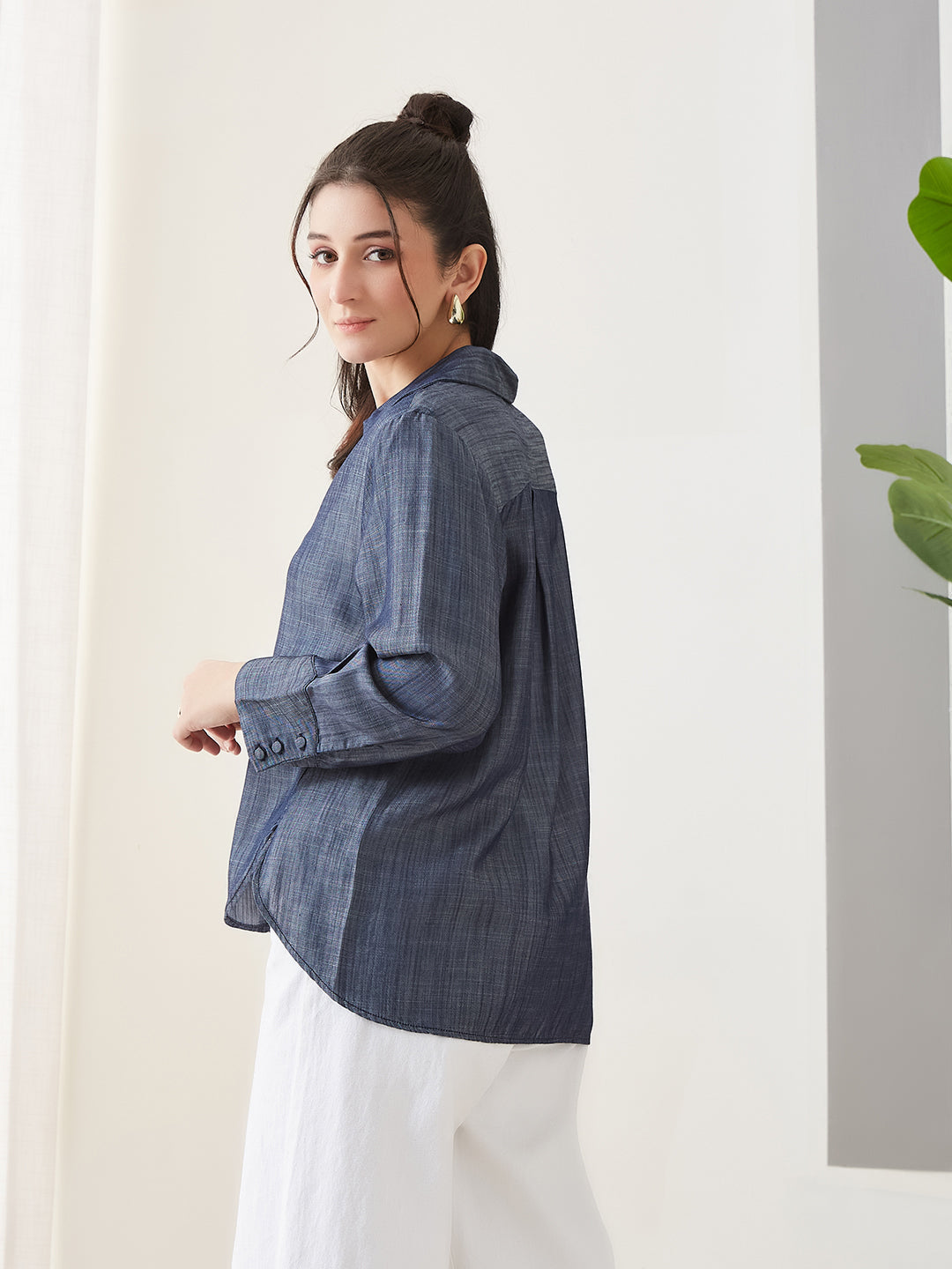 Latin Quarters Women Blue Solid Full Sleeves Casual Shirt