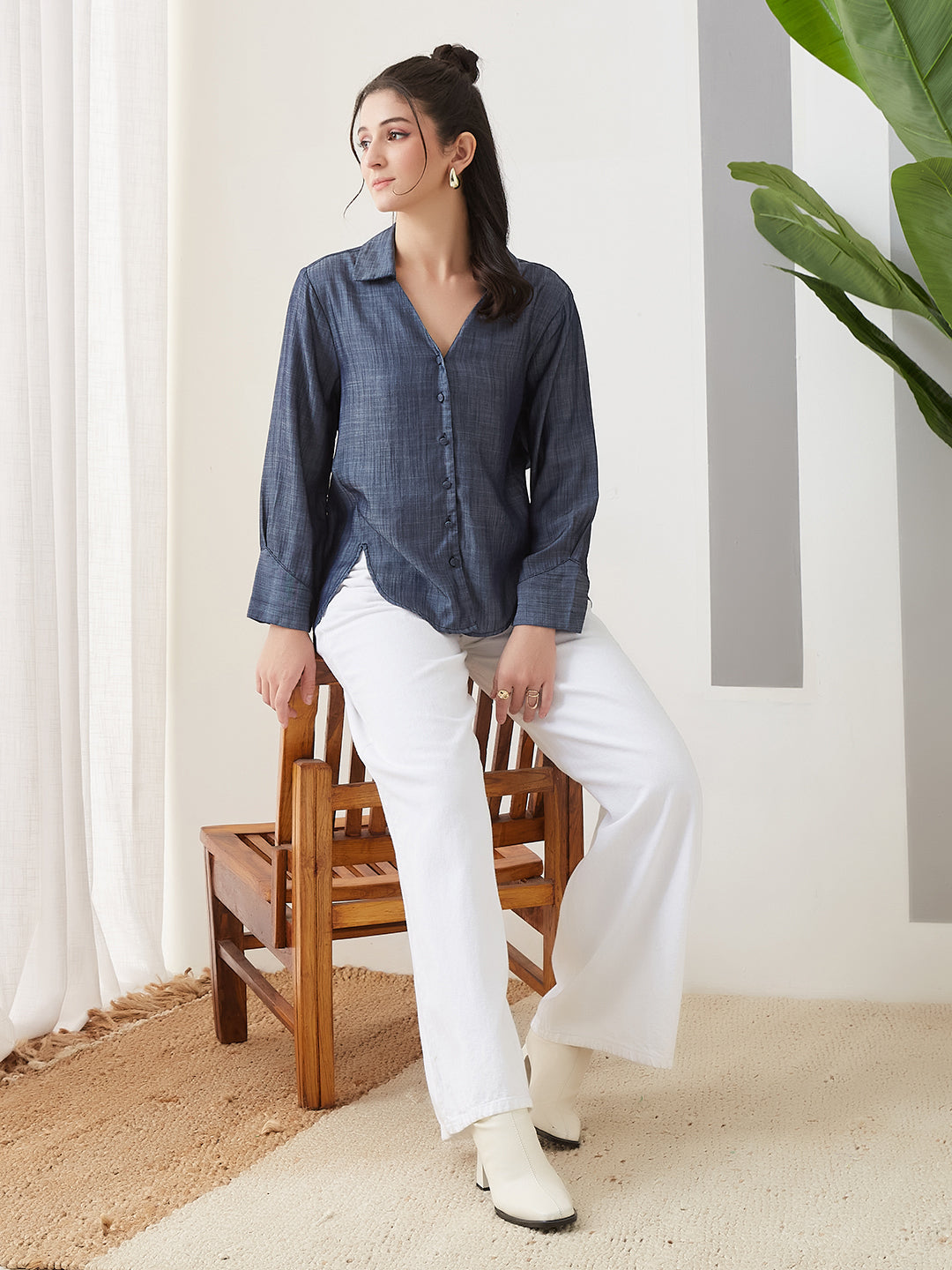 Latin Quarters Women Blue Solid Full Sleeves Casual Shirt