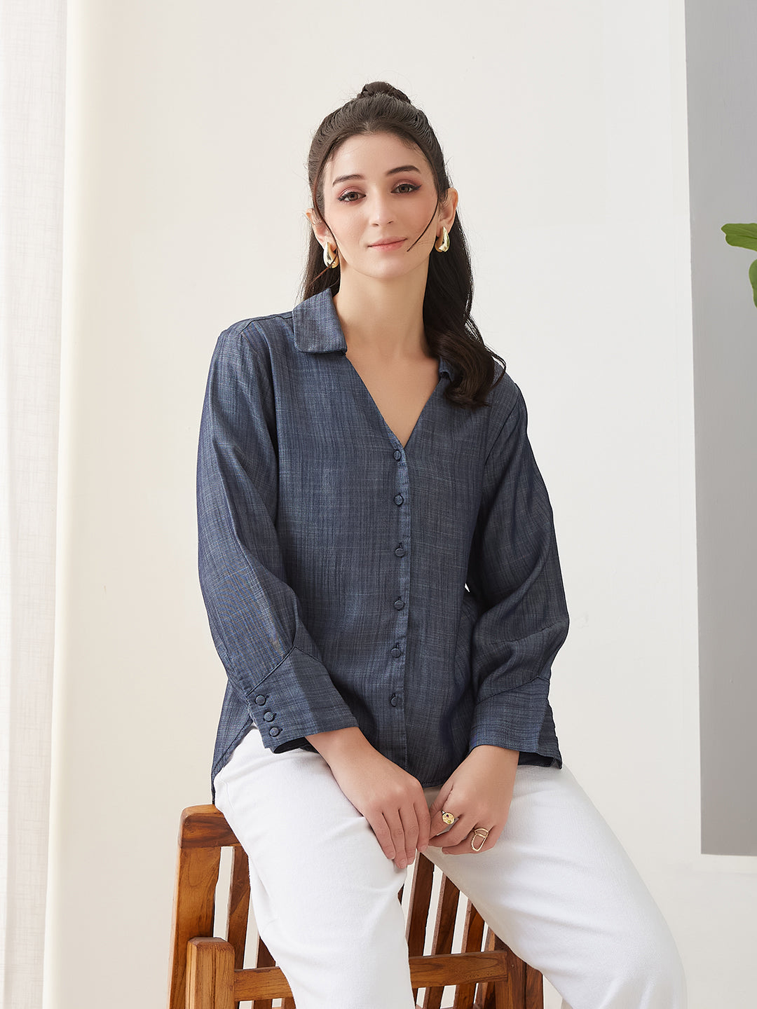 Latin Quarters Women Blue Solid Full Sleeves Casual Shirt