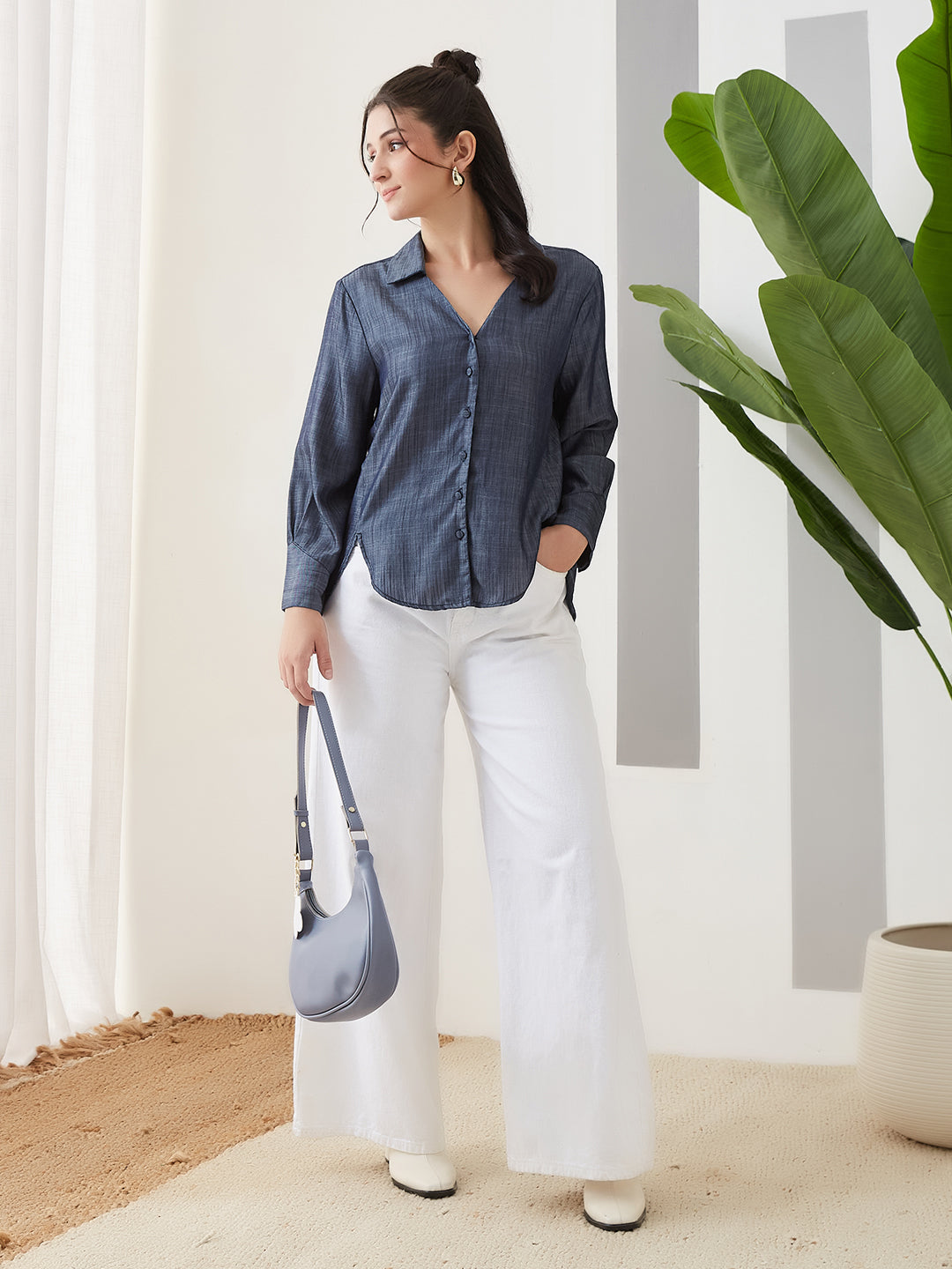 Latin Quarters Women Blue Solid Full Sleeves Casual Shirt