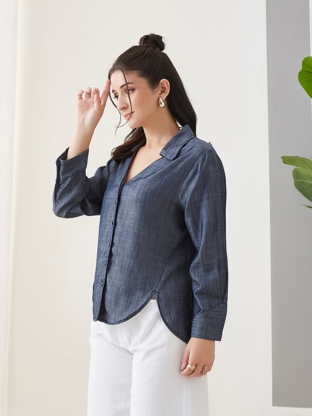 Latin Quarters Women Blue Solid Full Sleeves Casual Shirt