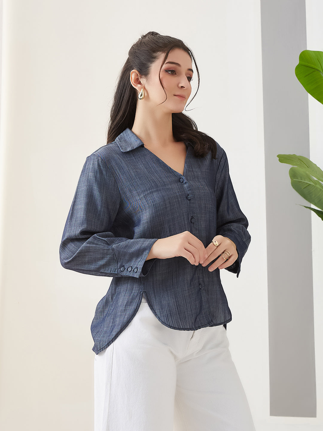 Latin Quarters Women Blue Solid Full Sleeves Casual Shirt