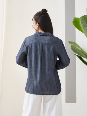 Latin Quarters Women Blue Solid Full Sleeves Casual Shirt