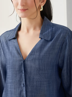 Latin Quarters Women Blue Solid Full Sleeves Casual Shirt