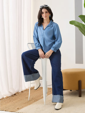 Latin Quarters Women Blue Solid Full Sleeves Collar Neck Casual Top