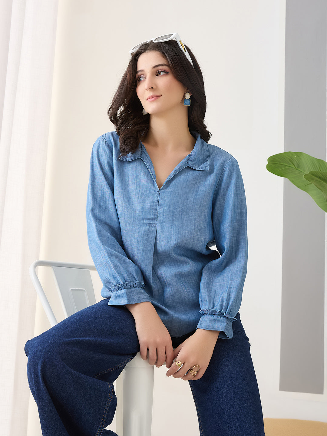 Latin Quarters Women Blue Solid Full Sleeves Collar Neck Casual Top
