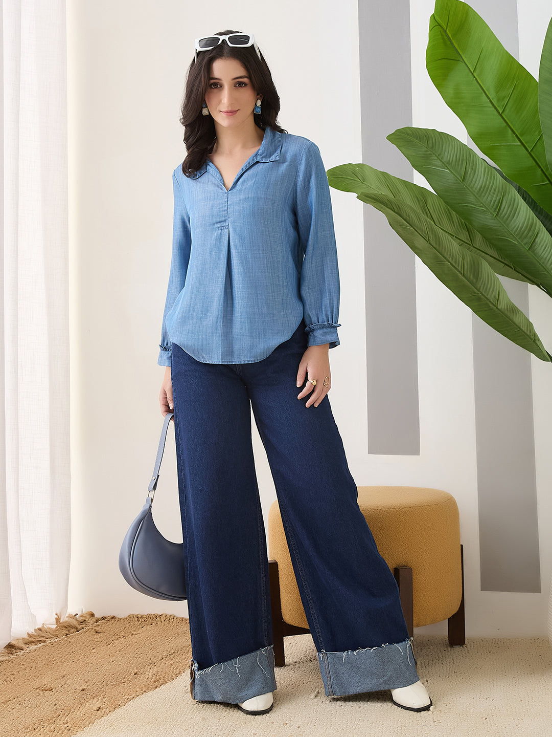 Latin Quarters Women Blue Solid Full Sleeves Collar Neck Casual Top