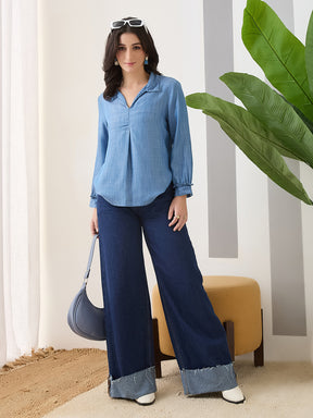 Latin Quarters Women Blue Solid Full Sleeves Collar Neck Casual Top