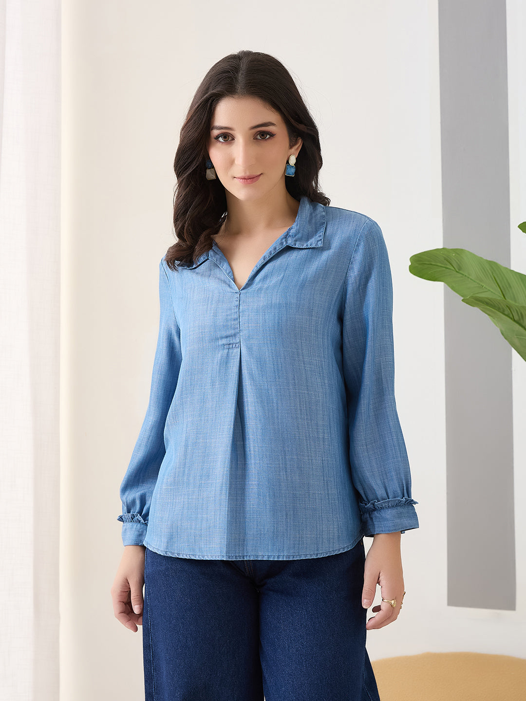 Latin Quarters Women Blue Solid Full Sleeves Collar Neck Casual Top