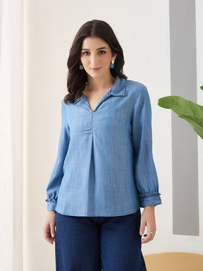 Latin Quarters Women Blue Solid Full Sleeves Collar Neck Casual Top