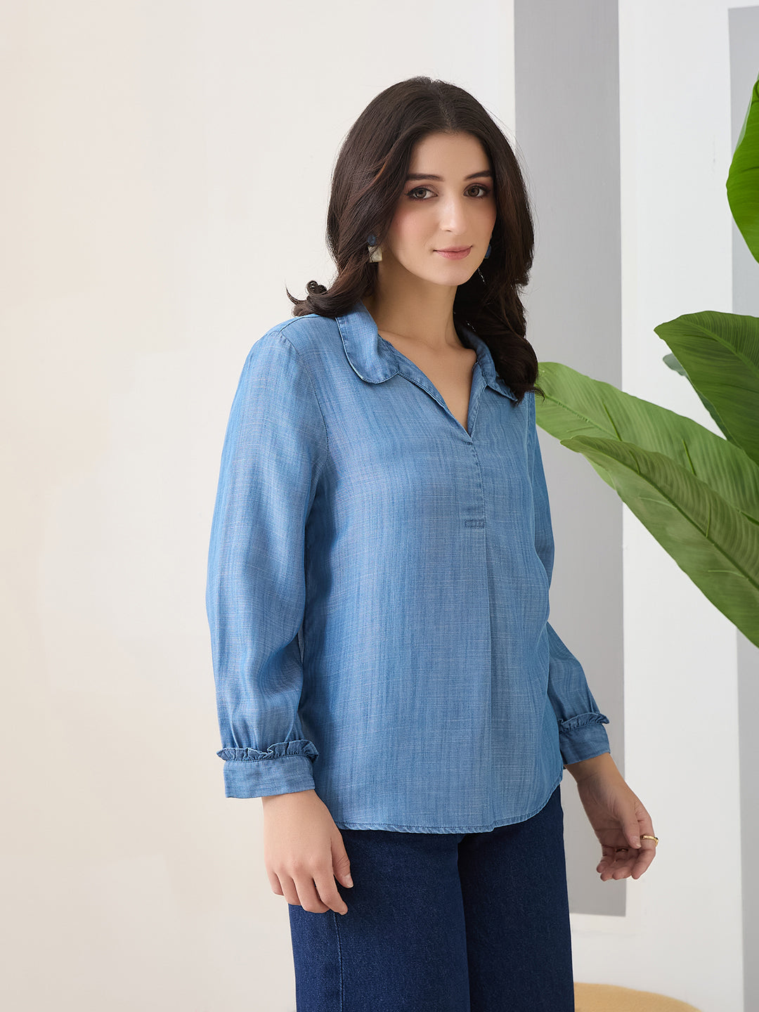 Latin Quarters Women Blue Solid Full Sleeves Collar Neck Casual Top