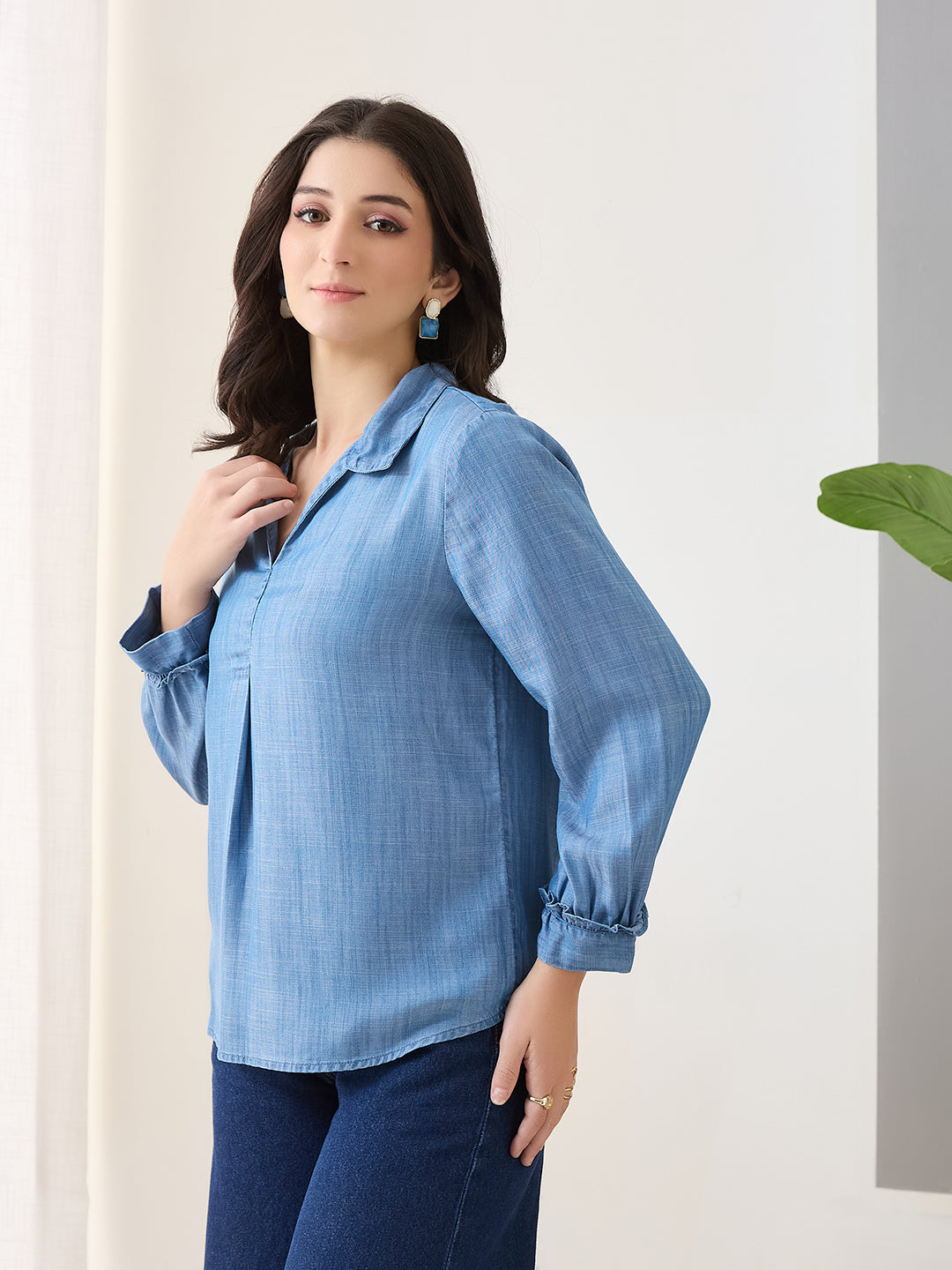 Latin Quarters Women Blue Solid Full Sleeves Collar Neck Casual Top