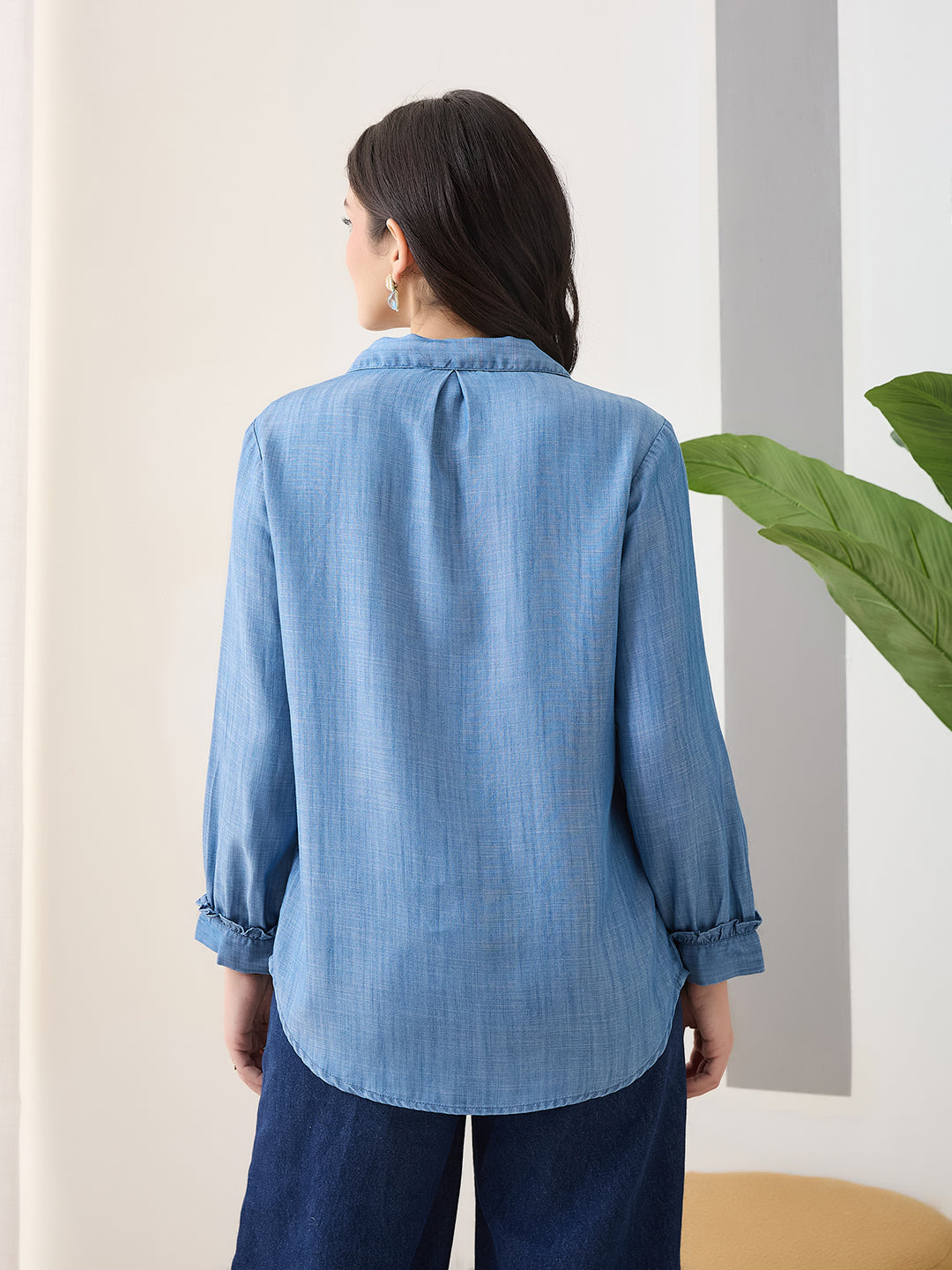 Latin Quarters Women Blue Solid Full Sleeves Collar Neck Casual Top