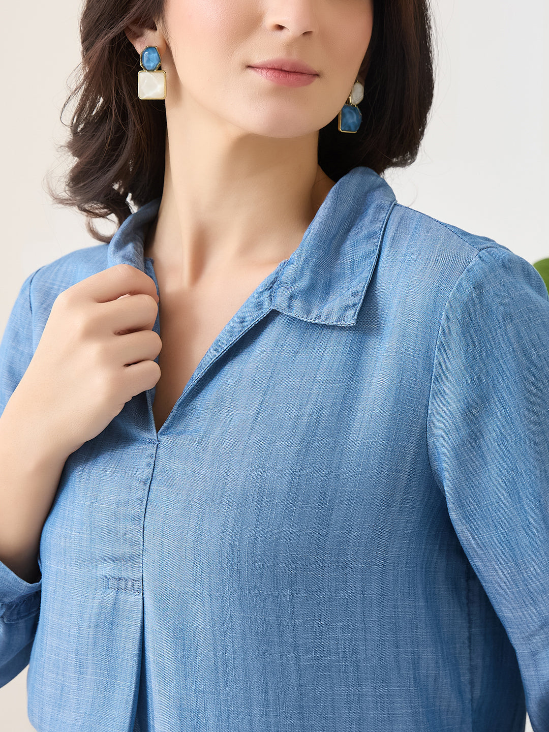 Latin Quarters Women Blue Solid Full Sleeves Collar Neck Casual Top