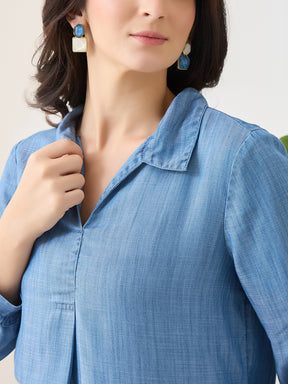 Latin Quarters Women Blue Solid Full Sleeves Collar Neck Casual Top