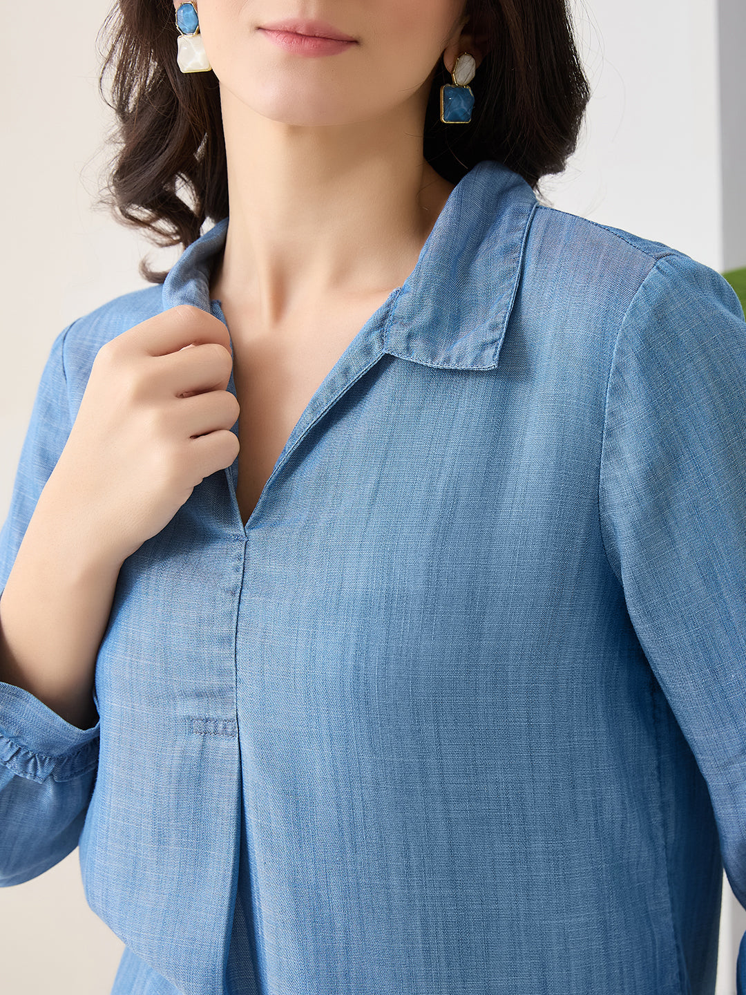 Latin Quarters Women Blue Solid Full Sleeves Collar Neck Casual Top