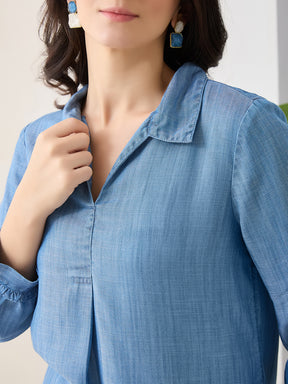 Latin Quarters Women Blue Solid Full Sleeves Collar Neck Casual Top