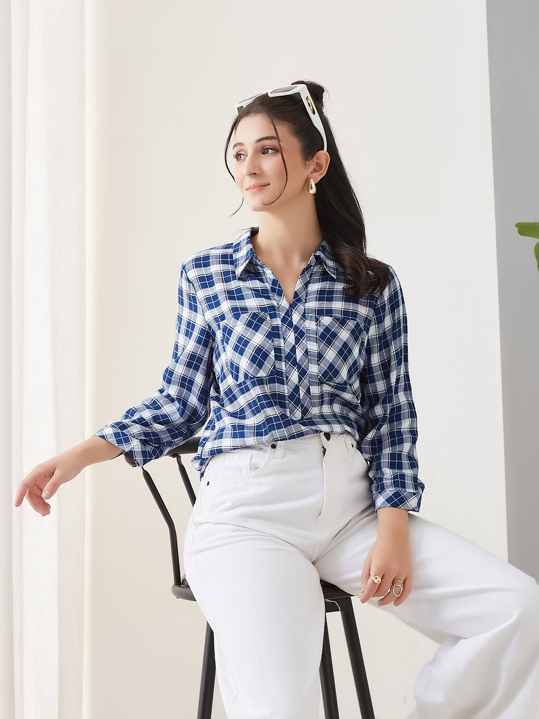 Latin Quarters Women Blue Checks 3/4th Sleeves Collar Neck Casual Top