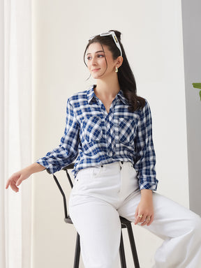 Latin Quarters Women Blue Checks 3/4th Sleeves Collar Neck Casual Top