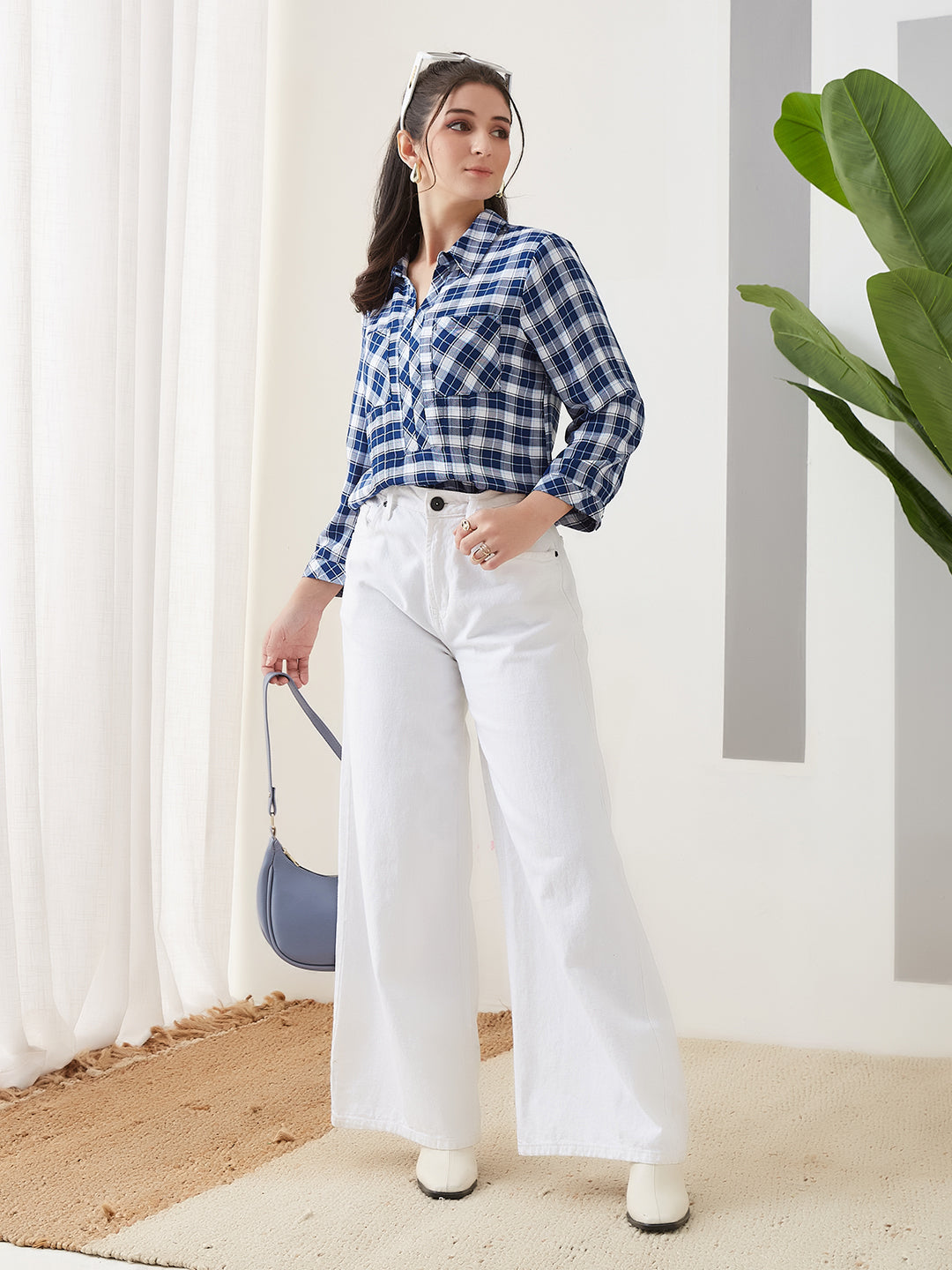 Latin Quarters Women Blue Checks 3/4th Sleeves Collar Neck Casual Top