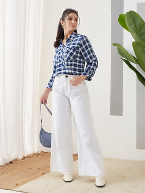 Latin Quarters Women Blue Checks 3/4th Sleeves Collar Neck Casual Top