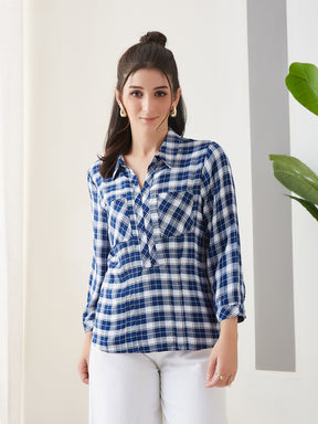 Latin Quarters Women Blue Checks 3/4th Sleeves Collar Neck Casual Top