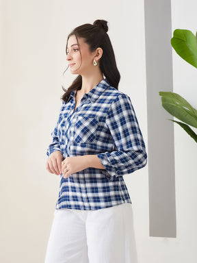 Latin Quarters Women Blue Checks 3/4th Sleeves Collar Neck Casual Top