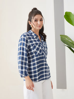 Latin Quarters Women Blue Checks 3/4th Sleeves Collar Neck Casual Top