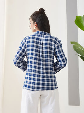 Latin Quarters Women Blue Checks 3/4th Sleeves Collar Neck Casual Top