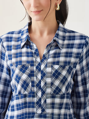 Latin Quarters Women Blue Checks 3/4th Sleeves Collar Neck Casual Top