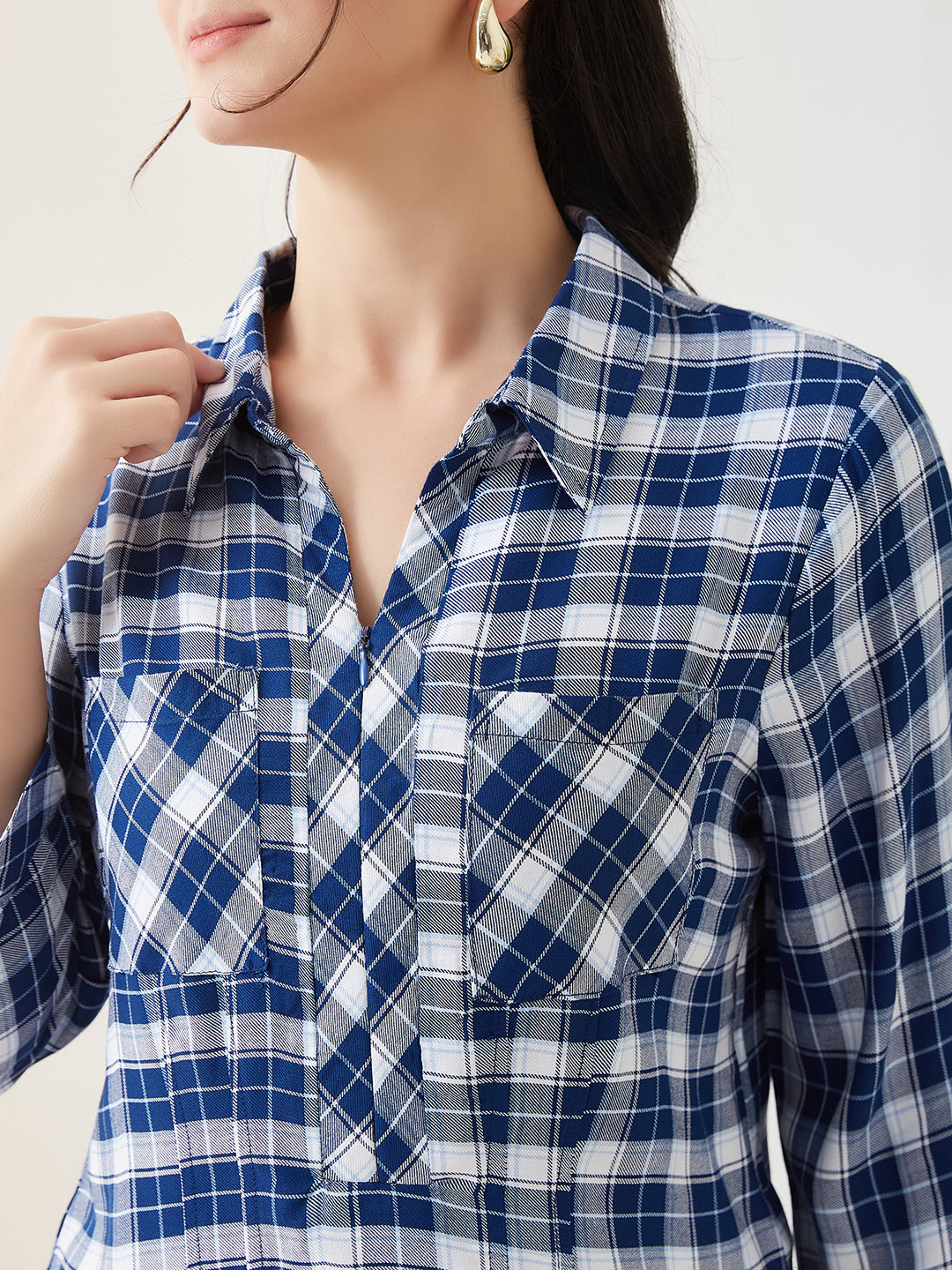 Latin Quarters Women Blue Checks 3/4th Sleeves Collar Neck Casual Top