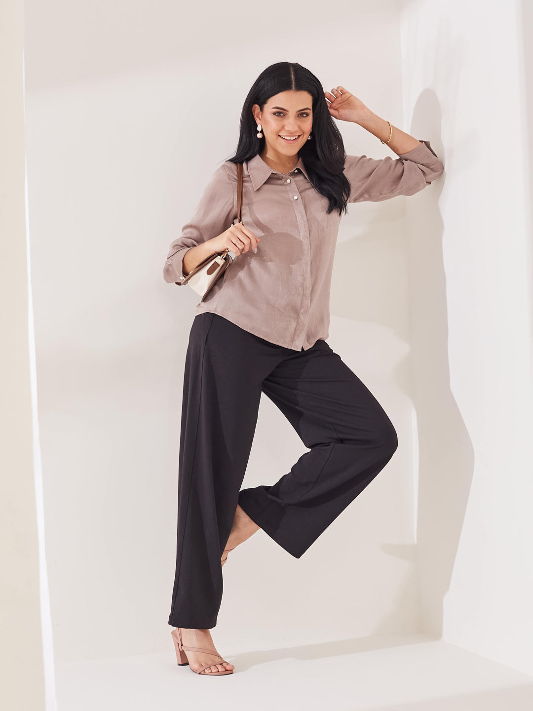 Latin Quarters Women's Beige Solid Full Sleeves Collar Neck Casual Shirt