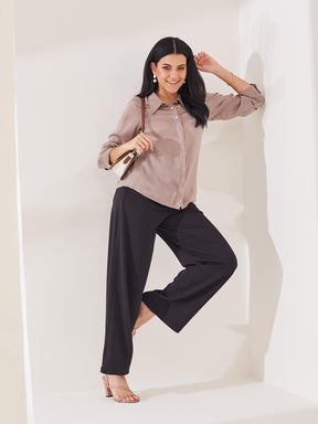 Latin Quarters Women's Beige Solid Full Sleeves Collar Neck Casual Shirt