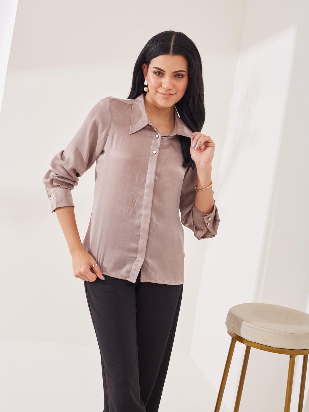 Latin Quarters Women's Beige Solid Full Sleeves Collar Neck Casual Shirt