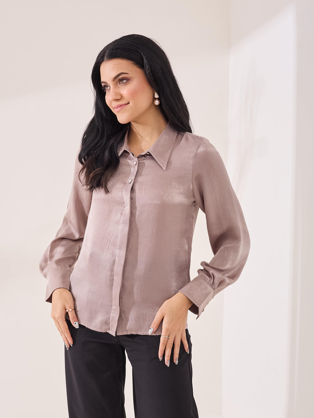 Latin Quarters Women's Beige Solid Full Sleeves Collar Neck Casual Shirt