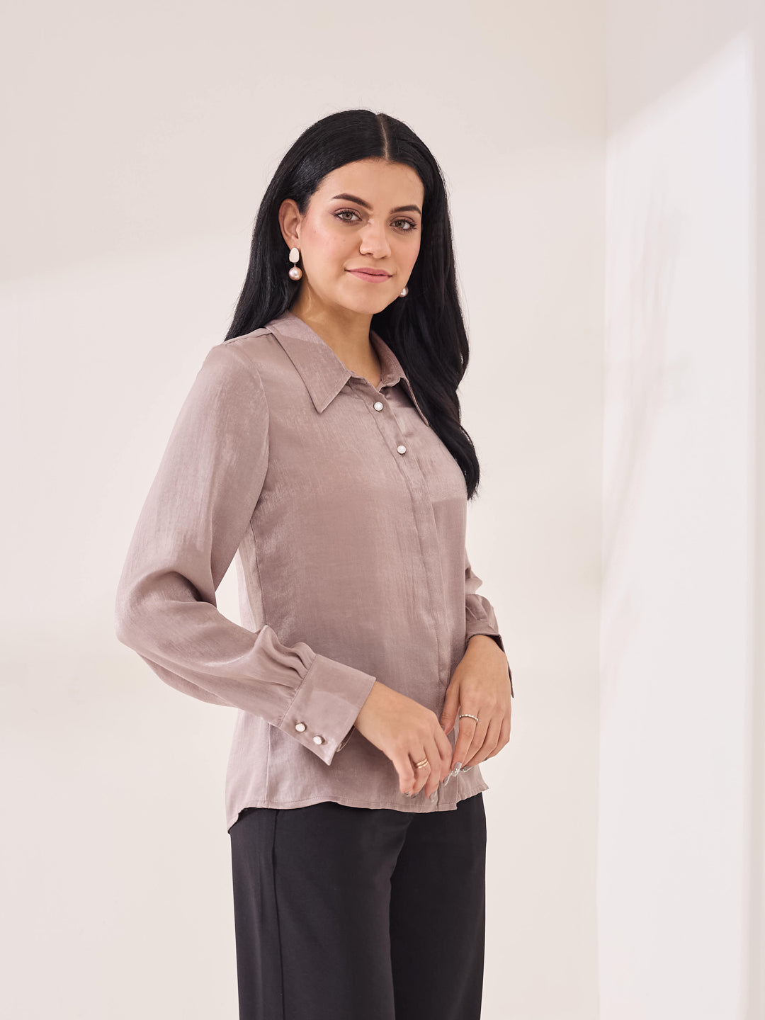 Latin Quarters Women's Beige Solid Full Sleeves Collar Neck Casual Shirt