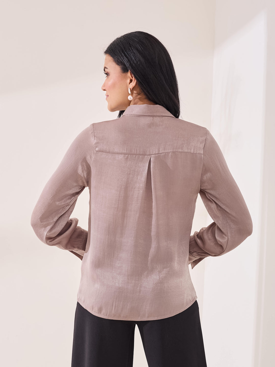 Latin Quarters Women's Beige Solid Full Sleeves Collar Neck Casual Shirt