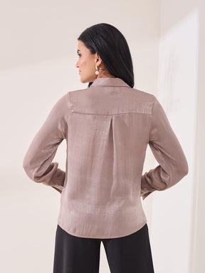 Latin Quarters Women's Beige Solid Full Sleeves Collar Neck Casual Shirt