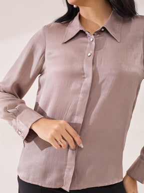 Latin Quarters Women's Beige Solid Full Sleeves Collar Neck Casual Shirt