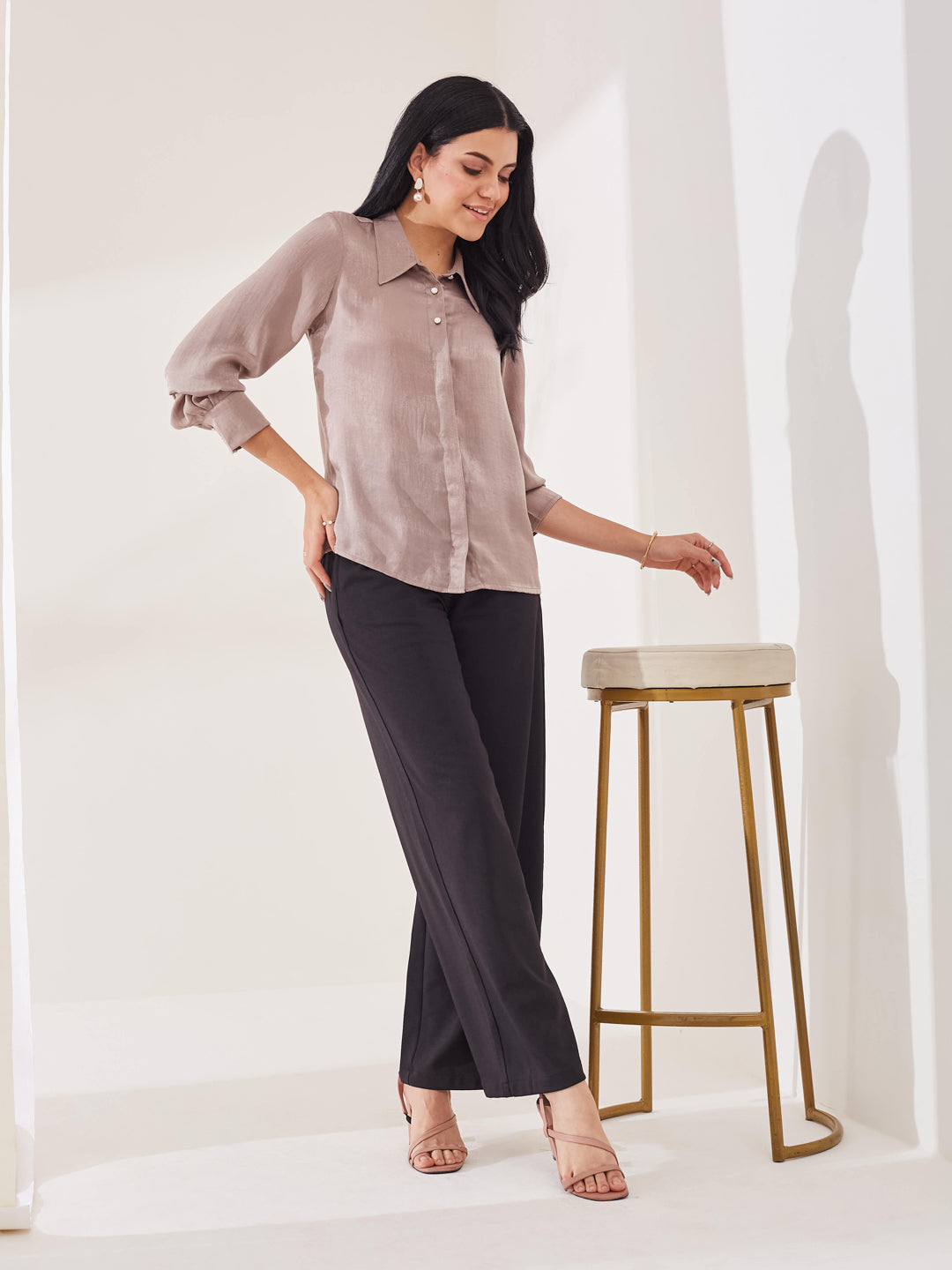 Latin Quarters Women's Beige Solid Full Sleeves Collar Neck Casual Shirt