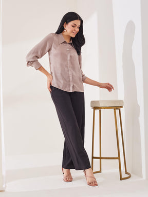 Latin Quarters Women's Beige Solid Full Sleeves Collar Neck Casual Shirt