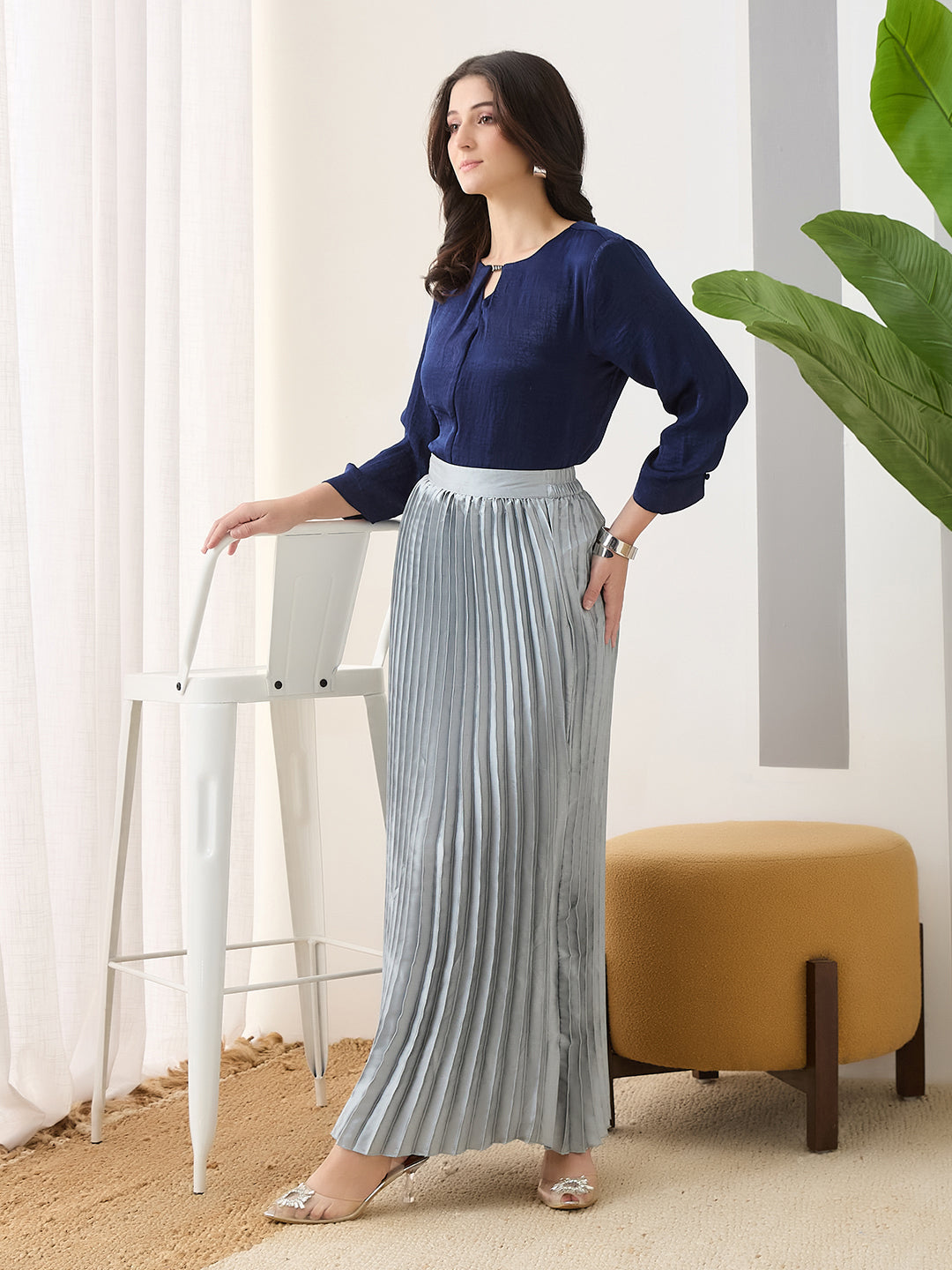 Latin Quarters Women Blue Solid 3/4th Sleeves Round Neck Casual Top