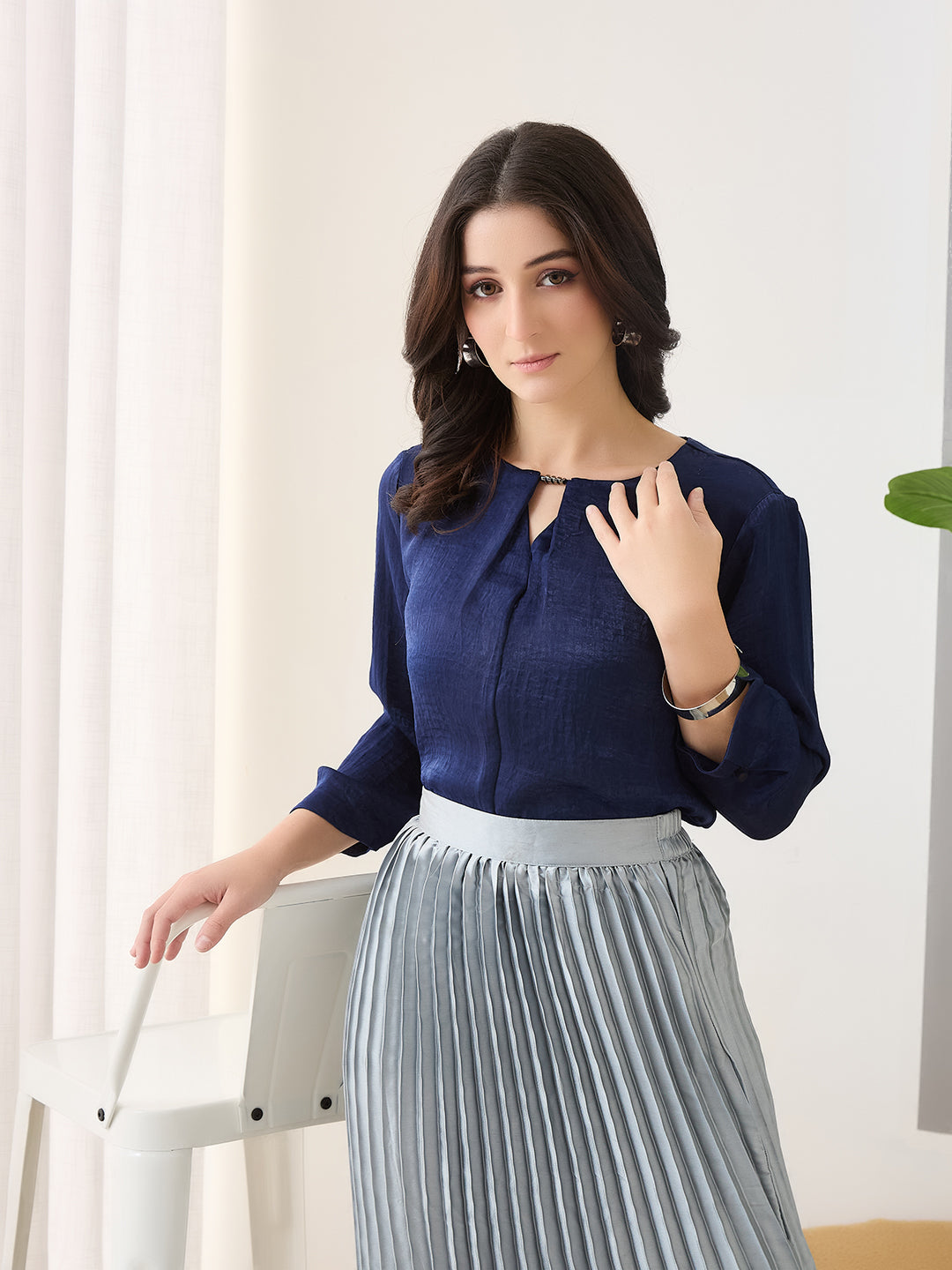 Latin Quarters Women Blue Solid 3/4th Sleeves Round Neck Casual Top