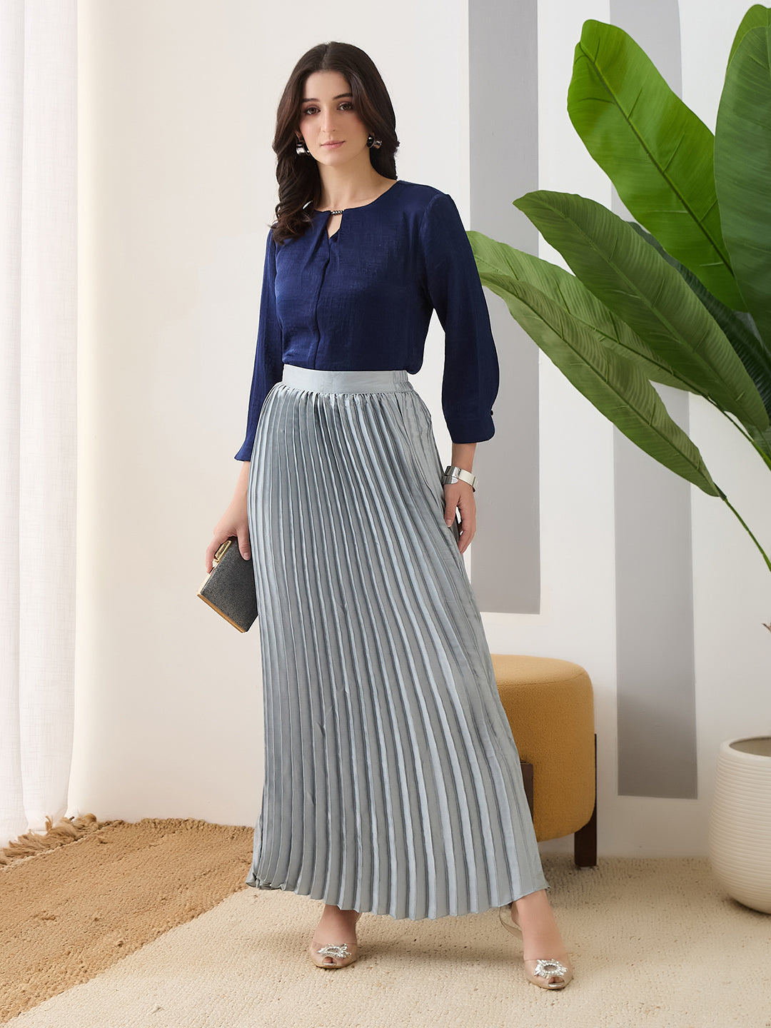 Latin Quarters Women Blue Solid 3/4th Sleeves Round Neck Casual Top