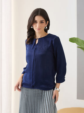 Latin Quarters Women Blue Solid 3/4th Sleeves Round Neck Casual Top