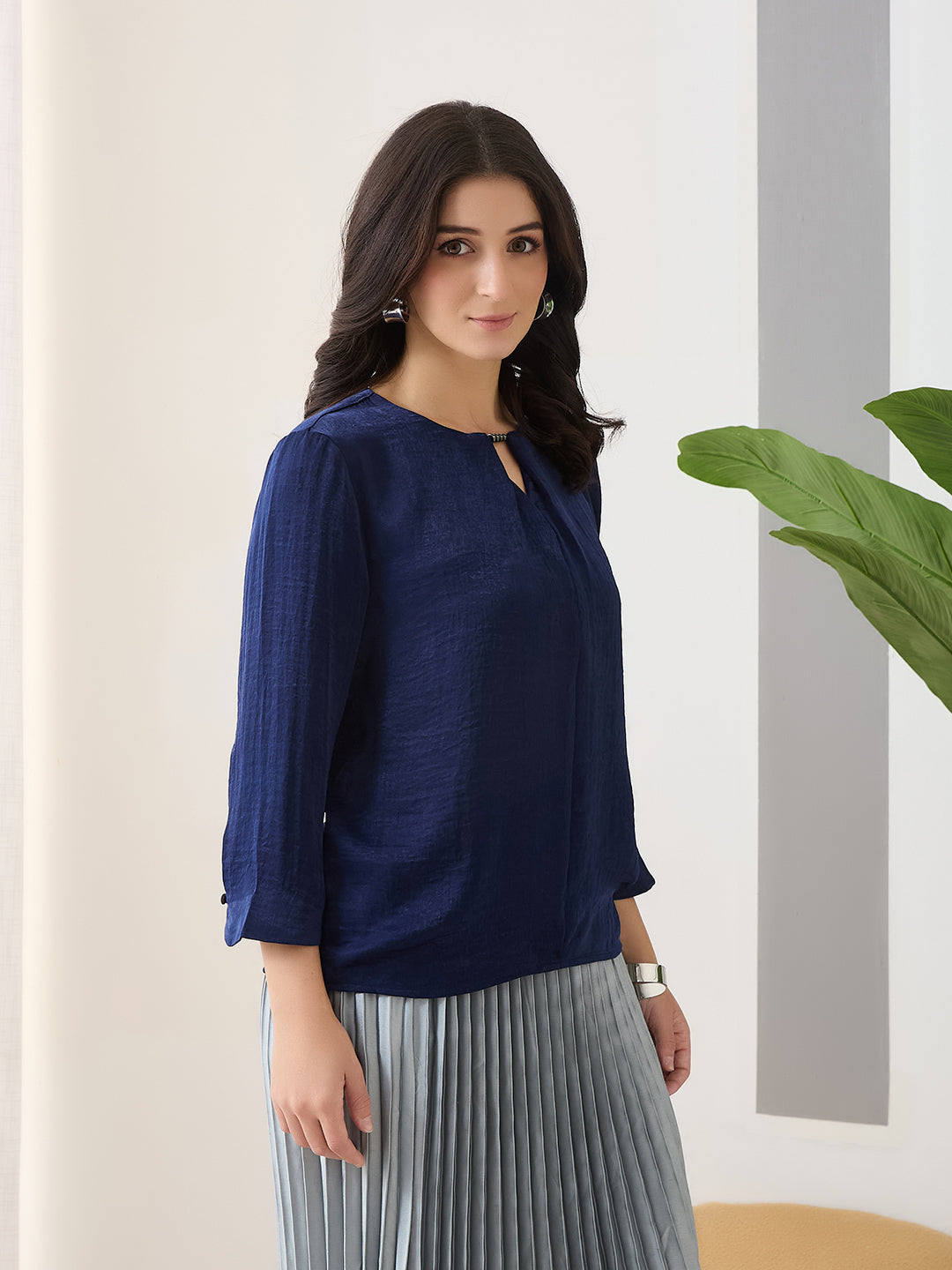 Latin Quarters Women Blue Solid 3/4th Sleeves Round Neck Casual Top