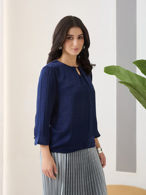 Latin Quarters Women Blue Solid 3/4th Sleeves Round Neck Casual Top